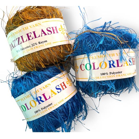 3 Skeins Plymouth Yarn COLORLASH #32 Blue & DAZZLELASH #105 Gold Eyelash Ribbon - Picture 12 of 16